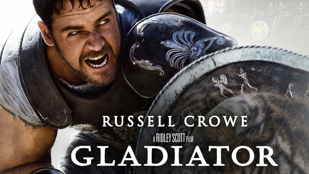 راسل کرو با لباس رزمی و سپر در فیلم Gladiator
